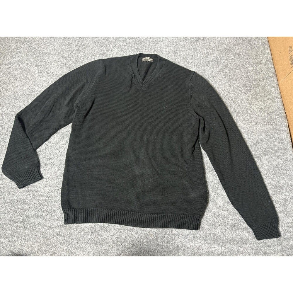 Eddie Bauer Sweater Mens XL Black Cotton V-Neck Knit Pullover Lightweight Logo